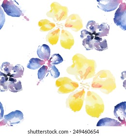 Seamless pattern with blue and red watercolor flowers on white background