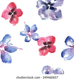 Seamless pattern with blue and red watercolor flowers on white background