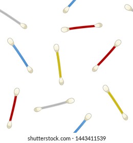 Seamless pattern of blue, red, yellow and white cotton swabs on a white background in vector. All swabs are at different angles.
