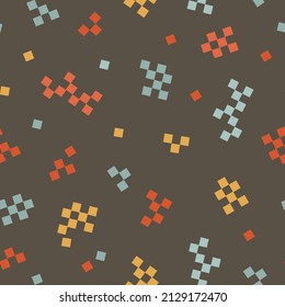 Patrón sin brillo con elementos abstractos azules, rojos y amarillos sobre fondo negro polvoriento. Fondo digital con elementos dibujados a mano vectorial. Patrón sin brillo para tela infantil, textil.