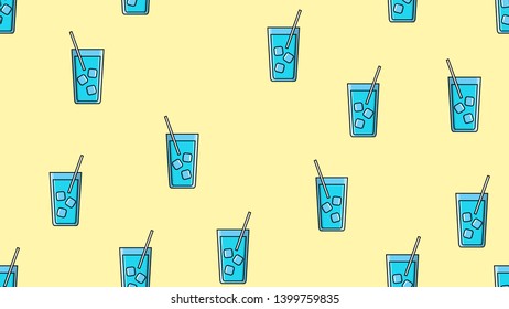 Seamless pattern of blue repeating alcoholic cocktails in a glass with ice and a straw on a yellow background. Vector illustration