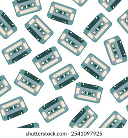 Seamless pattern with blue retro cassettes isolated on white background