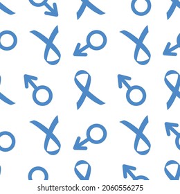 Seamless pattern of blue ribbons and male sign on a white background. Backdrop for web banner, medical design, fabric, posters. Isolated.Modern vector design element. Awareness prostate cancer month.