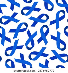 Seamless pattern with Blue ribbons. Prostate Cancer Awareness Month, Colorectal Cancer Awareness Month, Colon Cancer, and Men's Health Awareness Month. Vector illustration.