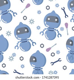 Seamless pattern with a blue robot on a background with tools: a screwdriver and a wrench. Vector image on a white background. Children's pattern for printing on fabric, wallpaper and packaging.
