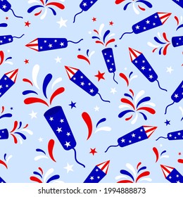 Seamless pattern with blue rockets and fireworks. Patriotic backdrop. Vector background. For wrapping paper, scrapbooking, wallpaper, fabric clothes textile. 4th of july concept.