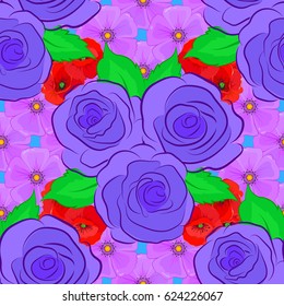 Seamless pattern with blue rose flowers and green leaves. Beautiful pattern for decoration and design. Trendy print on a violet background. Exquisite pattern with roses and leaves in vintage style.