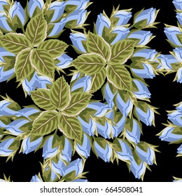 Seamless pattern with blue rosebuds. Hand-drawn floral background for printing on fabric, clothing, home textiles, wallpaper, gift wrapping. Romantic design.