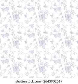 Seamless pattern with blue rosehips. Transparent flowers on white background. Beautiful and delicate flowers.