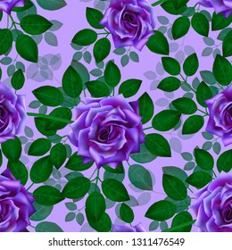 Seamless pattern with blue roses. Beautiful realistic flowers with leaves. Photorealixtic rose bud, clean vector high detailed result.