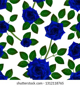 Seamless pattern with blue roses. Beautiful realistic flowers with leaves. Photorealixtic rose bud, clean vector high detailed result.