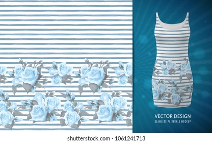 Seamless pattern with blue roses border on white background with strip grunge texture. Roses pattern, used on short dress mock up.