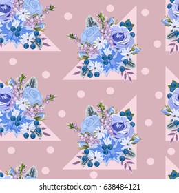 Seamless pattern with blue roses. Bouquets with blue flowers on a pink background for textile, cover, wallpaper, gift packaging, printing.Romantic design for calico, silk, home textiles.