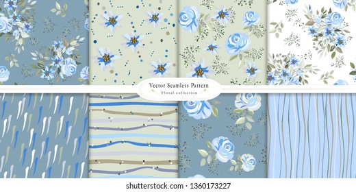 Seamless pattern with blue roses . Floral background for Wallpaper,paper and fabric. Set of seamless patterns with roses, stripes, dots, leaves. Tile, vector.
