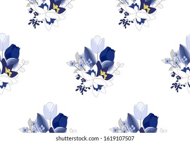 Seamless pattern of blue roses flowers bouquet isolate on white background