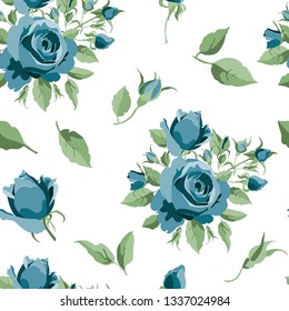 Seamless pattern with blue roses, leaves, branches, blossom, bud isolated on white background. Vector botanical illustration for floral design, wallpaper, covers