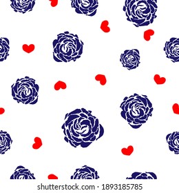 Seamless pattern blue roses and little red hearts isolated on white background. Cute girls floral simple repeat print. Girly Valentine day big flowers wall paper, vector design eps 10