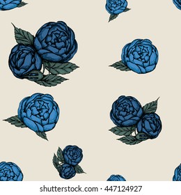seamless pattern with blue roses on a light background
