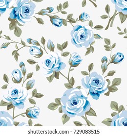 Seamless pattern with blue roses on white background. Vector vintage flowers. Floral wallpaper