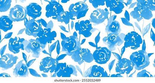 Patrón sin fisuras con rosas azules, peonías. Flores de acuarela, hojas. Elegante estampado botánico sin fin, Fondo de pantalla, fondo. Repite el estampado de moda para la tela, la ropa.