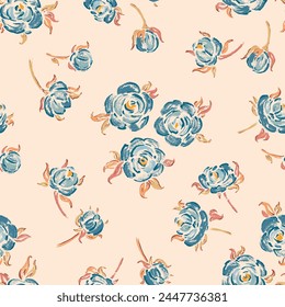 Seamless Pattern of Blue Roses. Rose Flower. Flowers and Leaves. Vintage Floral Background. Vector illustration