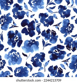 Seamless pattern with blue roses. Watercolor flowers, leaves. Elegant  endless botanical print, wallpaper, background. Repeat fashion print for fabric, clothes.