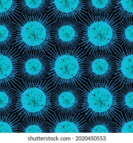 Seamless Pattern. Blue Round Virus Microbe On A Black Background. In The Style Of Realistic Texture Abstraction.