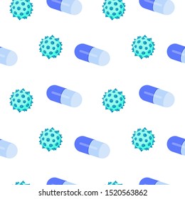 Seamless pattern with blue round viruses and capsules on white background. Vector backdrop for medical websites, apps, posters etc.
