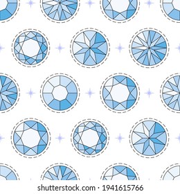 Seamless pattern with blue round-cut diamonds with a black outline and a cartoon dotted line around. Vector illustration