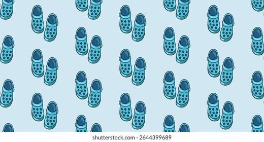 Padrão contínuo com tamancos de borracha azul sobre fundo azul pálido. Calçado de piscina. Sapatos de verão. Fundo do vetor de desenhos animados. 