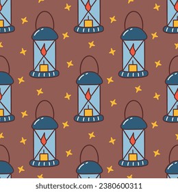 Seamless pattern with blue Scandinavian lantern with burning candle and stars. Colorful vector illustration hand drawn doodle. Cozy flashlight vintage element for home. Brown background