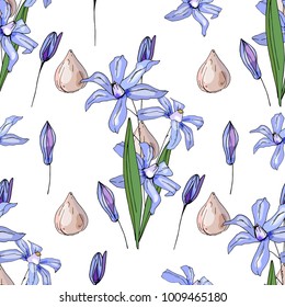 Seamless pattern with blue scilla. Endless texture
