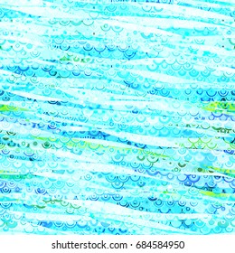 Seamless pattern from blue and sea green wavy stripes, small circles and arcs
