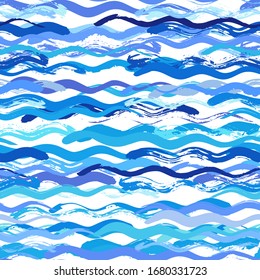 Seamless pattern. Blue sea pattern and hand draw lines in marine style. Vector illustration.