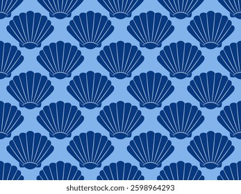 Seamless pattern with blue sea shells Hand drawn trendy flat style seashell. Tropical beach shells. Summer seamless pattern. Vector illustration