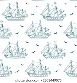 Seamless pattern, blue sea ship, frigate, caravel with seagulls on a white background. Nautical background, line art, vector