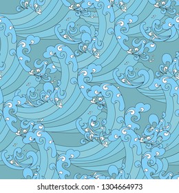 Seamless pattern, blue, sea waves, abstract, hand-drawing, doodles, vector illustration
