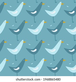 Seamless pattern with blue seagulls on blue background. Modern design for fabric and paper, surface textures.