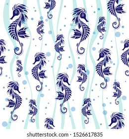 Seamless pattern. Blue seahorse, bubbles and waves on white backround. Vector illustration.