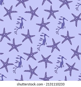 Seamless pattern of blue seahorse and seastar. Vector coralline reef ocean animals underwater life doodle sketch background.