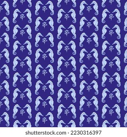 Seamless Pattern with blue Seahorses and Seaweed. Design for pillow, shower curtains, textile. Stationary, print. Illustration on navy blue background. Flat design. 