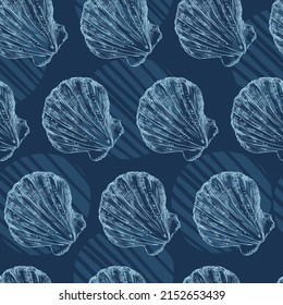 Seamless pattern of blue seashells on navy background. Marine backdrop. Hand drawn vector illustration. For invitations, cards, posters, print, banners, advertising, textile, wallpaper and bed linen