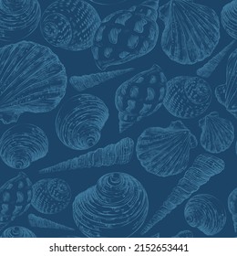 Seamless pattern of blue seashells on navy background. Marine backdrop. Hand drawn vector illustration. For invitations, cards, posters, print, banners, advertising, textile, wallpaper and bed linen