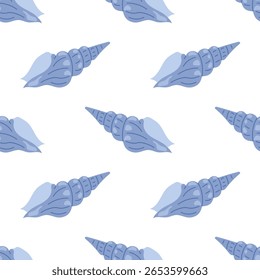 Seamless pattern with blue seashells on white background. For summer textiles and beach designs.
