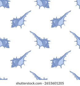 Seamless pattern with blue seashells on white background. For summer textiles and beach designs, summer, ocean.