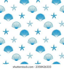 seamless pattern with blue seashells and starfish - white vector background