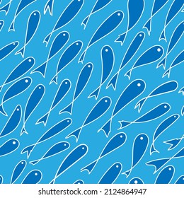 seamless pattern in blue shades with a stylized image of a school of fish for prints on fabrics, clothes, packaging, banners, for decorating interior backgrounds, covers, advertising