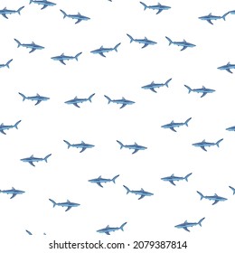 Seamless pattern Blue shark isolated on white background. Texture of marine fish for any purpose. Random template for textile fabric design. Simple vector ornament.
