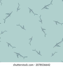 Seamless pattern Blue shark on pastel turquoise background. Texture of marine fish for any purpose. Random template for textile fabric design. Simple vector ornament.