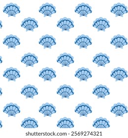 Seamless pattern of blue shells - nautical vector design.